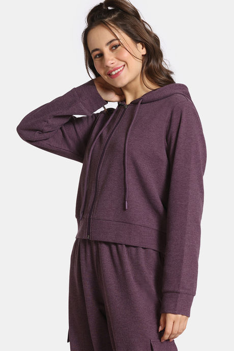Rosaline Waffle Knit Cotton Crop Length Hoodie - Italian Plum — image 2
